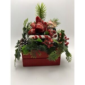 Vintage Christmas Ceramic Mouse Plastic  Candy Canes Greenery Basket Arrangement